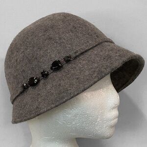 Holt Renfrew Grey Wool Cloche Hat with Black Beads Made in Italy